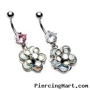 Jeweled navel ring with dangling miracle bead flower petals