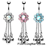 Jeweled flower navel ring with dangling chains and balls