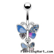 Hinged multi-color pave jeweled double butterfly belly ring