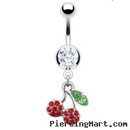 Navel ring with dangling pave jeweled cherries