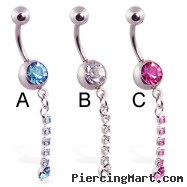 Jeweled belly ring with single jeweled dangle