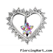 Jeweled flower and heart reversed belly ring