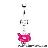 Jeweled navel ring with dangling pink cat