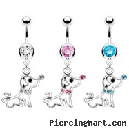 Navel ring with dangling jeweled puppy dog