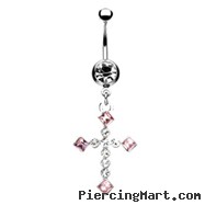 Jeweled navel ring with dangling pink jeweled cross