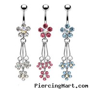 Jeweled flower navel ring with dangling flowers