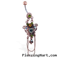Jeweled vintage belly ring with heart chandelier dangle