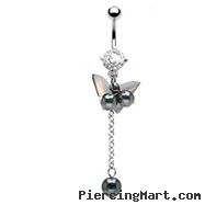 Navel ring with dangling mother of pearl butterfly and beads