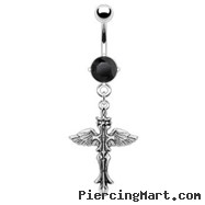 Navel ring with dangling cross with wings