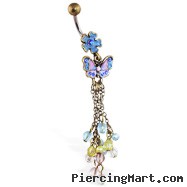 Vintage colorful flower belly ring with dangling butterfly, chains and stones