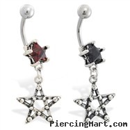 Jeweled star navel ring with dangling pentacle star