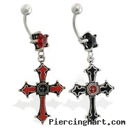 Jeweled star belly ring with dangling pewter gothic cross