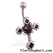 Big jeweled black gothic cross belly ring