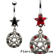 Jeweled star belly ring with dangling jeweled gothic pentacle