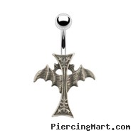 Gothic cross with wings navel ring