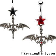 Jeweled star navel ring with dangling gothic cross and bats