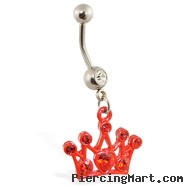 Navel Ring with Dangling Red Jeweled Crown