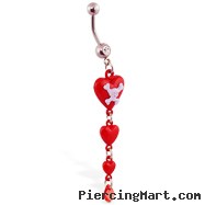 Navel ring with dangling red hearts and skull