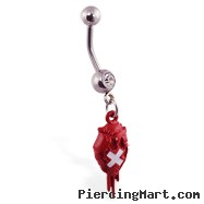 Navel ring with dangling red bloody patched heart