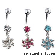 Jeweled navel ring with dangling jeweled swirl flower