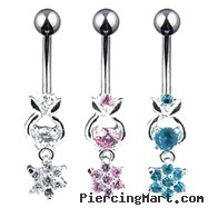 Jeweled navel ring with dangling jeweled flower