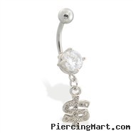 Navel ring with dangling jeweled dollar sign