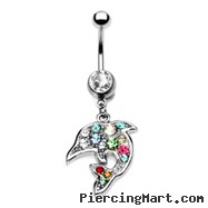 Jeweled belly ring with dangling multi-color dolphin