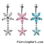 Dangling jeweled flower belly ring