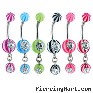 Jeweled navel ring with acrylic beach balls and dangling jeweled beach ball