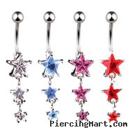 Jeweled star navel ring with dangling jeweled stars