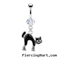 Belly Ring with Dangling Scared Black Cat