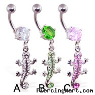 Navel ring with dangling pave jeweled lizard