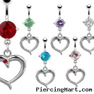 Jeweled belly ring with dangling heart