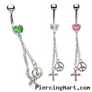 Jeweled heart belly ring with dangling jeweled peace sign and cross