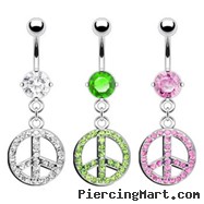 Belly ring with dangling pave jeweled peace sign