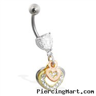Belly ring with dangling jeweled and Gold Tone hearts