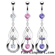 Navel ring with dangling double jeweled teardrops