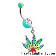 Rasta colored double jeweled belly ring with dangling pot leaf