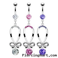 Belly ring with long bow tie dangle and gem