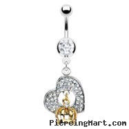 Navel ring with dangling heart and Gold Tone crown