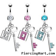 Navel ring with dangling jeweled lock and key