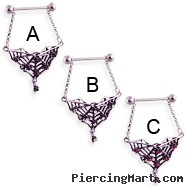 Nipple ring with dangling jeweled spider web, 14 ga