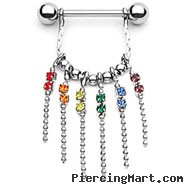Nipple Ring With Dangling Chains With Rainbow Gems, 14 Ga