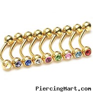 Gold Tone 3/8"(10mm) long eyebrow ring with jeweled CZ balls, 16 ga