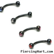 Black titanium anodized curved barbell with jeweled balls, 16 ga