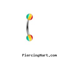Curved barbell with rasta colored balls, 14 ga