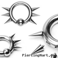 316L Surgical Steel Captive Bead Ring w/ 6 Internally Threaded Spikes, 10ga