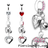 Jeweled heart navel ring with dangling jeweled hearts