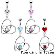 Belly ring with jeweled heart inside dangling crooked heart