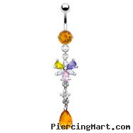 Citrine colored jeweled belly ring with dangling multi-color flower and citrine stone